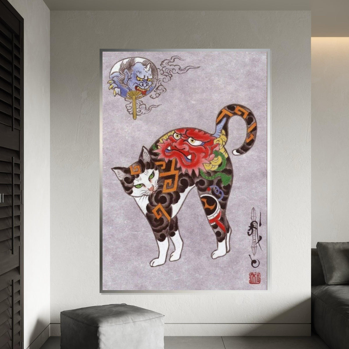 Japanese Oni Tattoo Cat Canvas Print – Traditional Demon Mask Cat Art for Gothic Wall Decor, Oriental Mythical Animal Home & Office Gift
