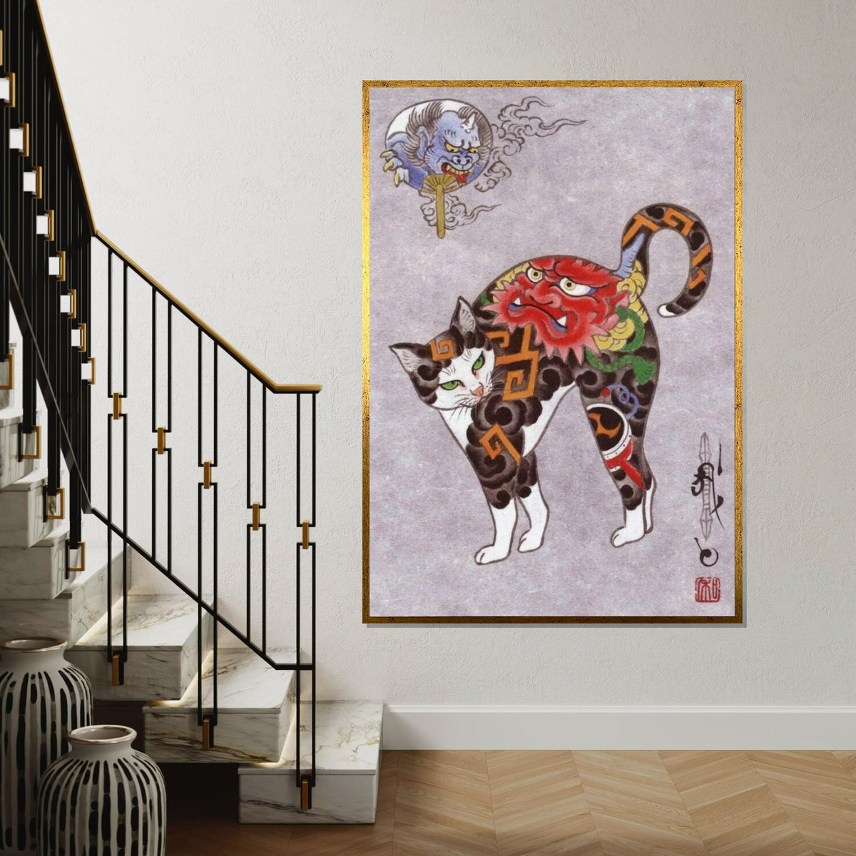 Japanese Oni Tattoo Cat Canvas Print – Traditional Demon Mask Cat Art for Gothic Wall Decor, Oriental Mythical Animal Home & Office Gift