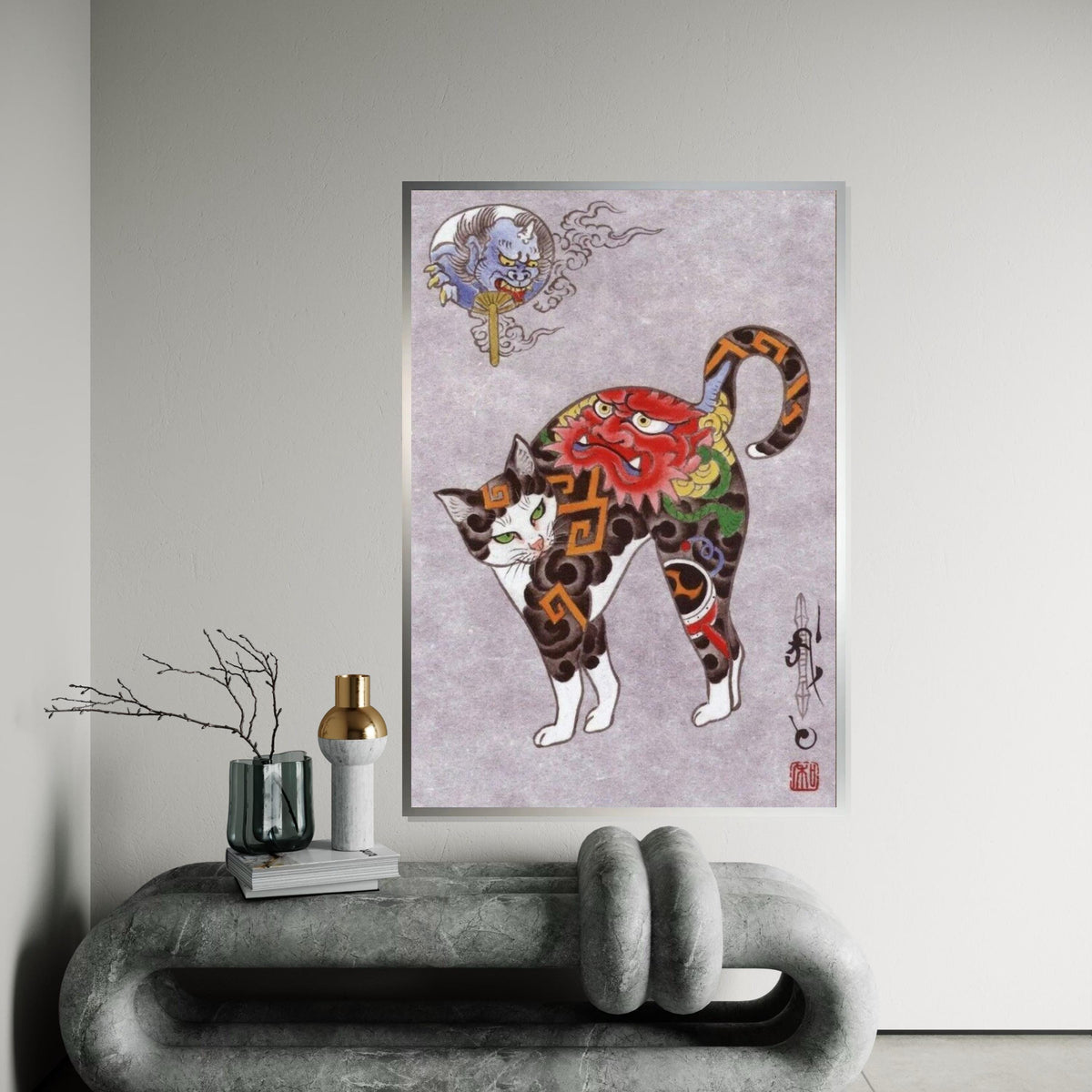 Japanese Oni Tattoo Cat Canvas Print – Traditional Demon Mask Cat Art for Gothic Wall Decor, Oriental Mythical Animal Home & Office Gift