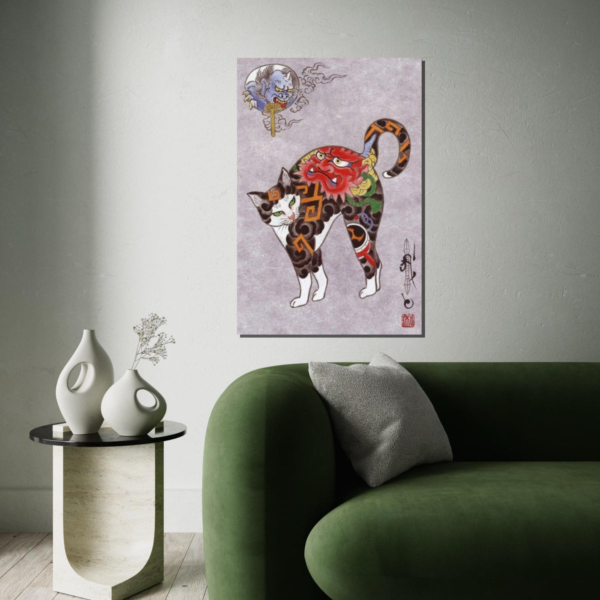 Japanese Oni Tattoo Cat Canvas Print – Traditional Demon Mask Cat Art for Gothic Wall Decor, Oriental Mythical Animal Home & Office Gift