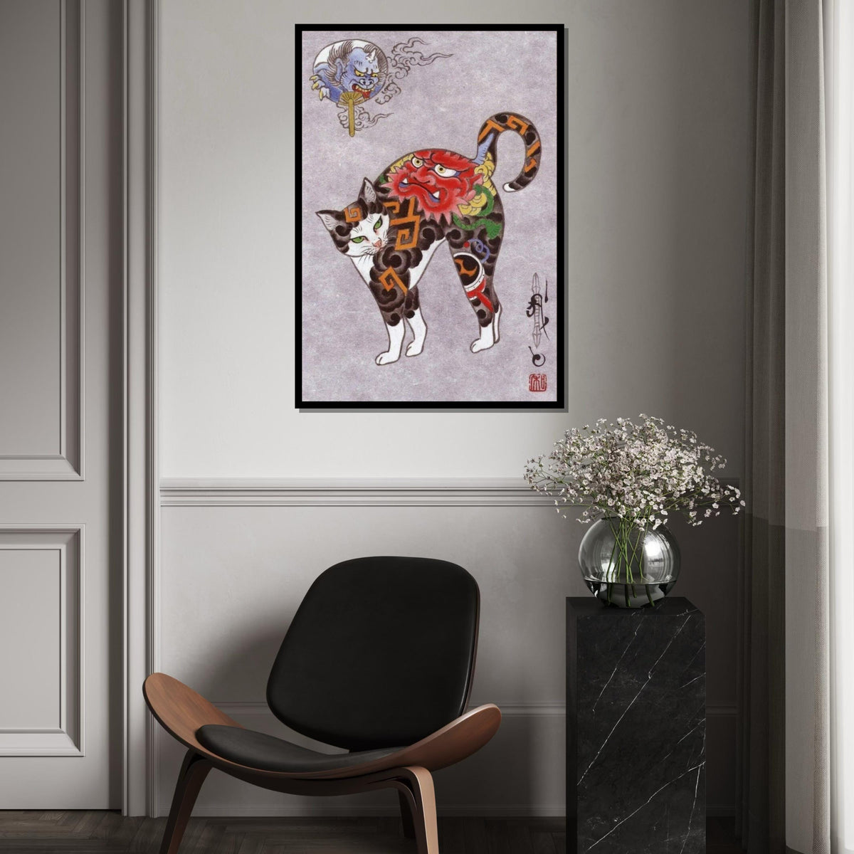 Japanese Oni Tattoo Cat Canvas Print – Traditional Demon Mask Cat Art for Gothic Wall Decor, Oriental Mythical Animal Home & Office Gift