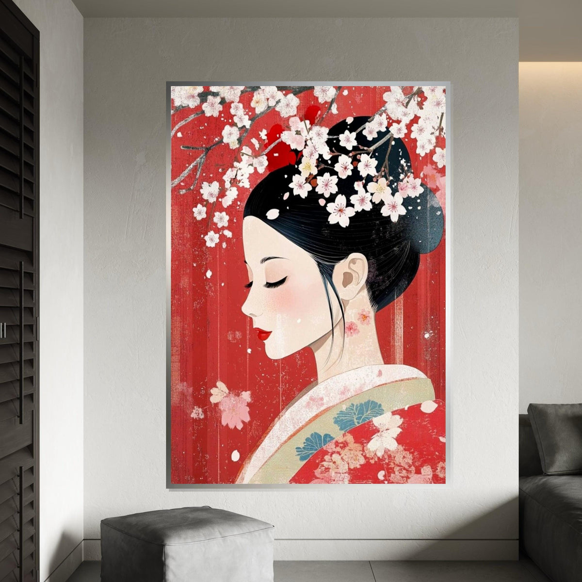 Elegant Geisha Profile with Cherry Blossoms Canvas Art Print –Modern Japanese Floral Wall Decor for Home,Office, Spa, Feminine Oriental Gift