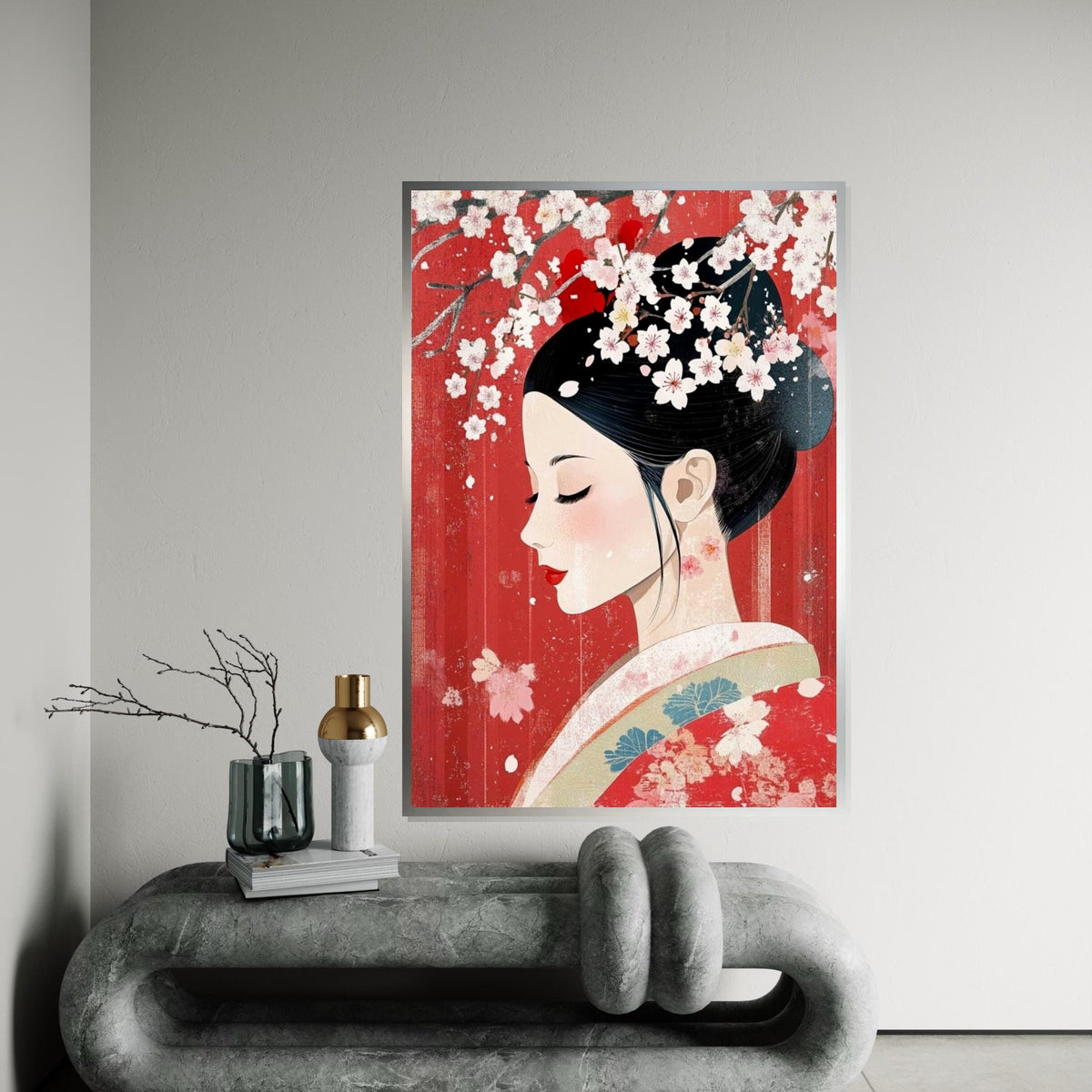 Elegant Geisha Profile with Cherry Blossoms Canvas Art Print –Modern Japanese Floral Wall Decor for Home,Office, Spa, Feminine Oriental Gift