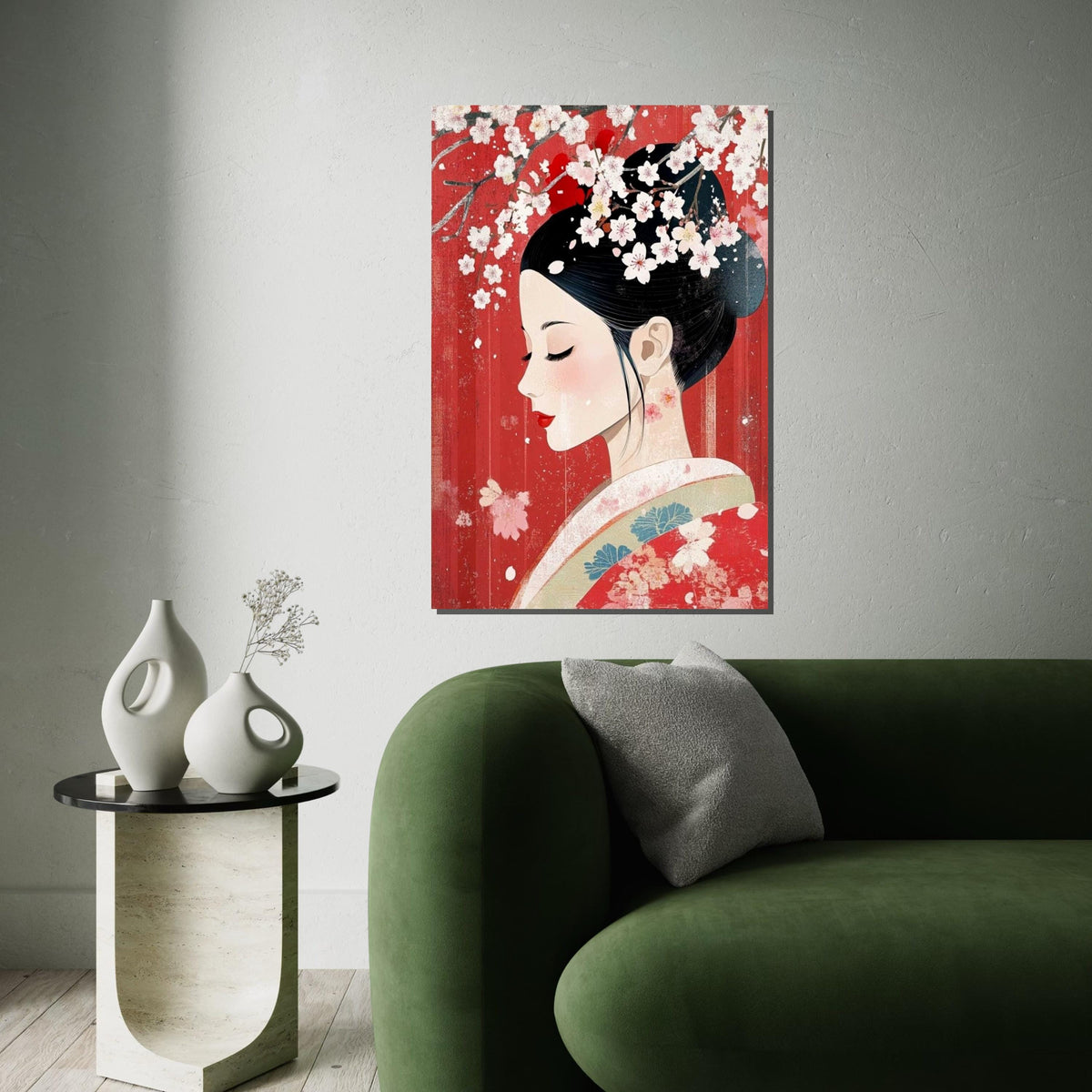 Elegant Geisha Profile with Cherry Blossoms Canvas Art Print –Modern Japanese Floral Wall Decor for Home,Office, Spa, Feminine Oriental Gift