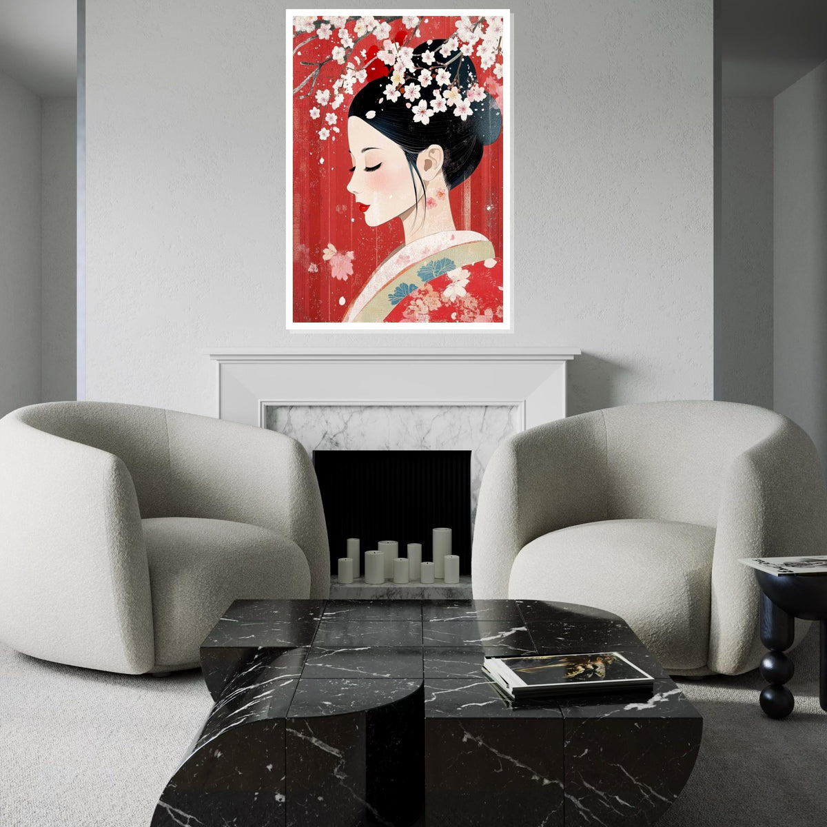 Elegant Geisha Profile with Cherry Blossoms Canvas Art Print –Modern Japanese Floral Wall Decor for Home,Office, Spa, Feminine Oriental Gift