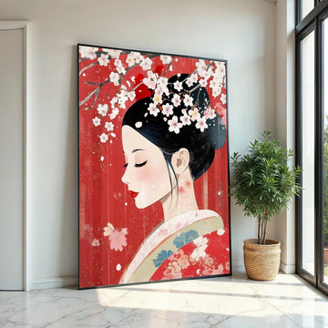 Elegant Geisha Profile with Cherry Blossoms Canvas Art Print –Modern Japanese Floral Wall Decor for Home,Office, Spa, Feminine Oriental Gift