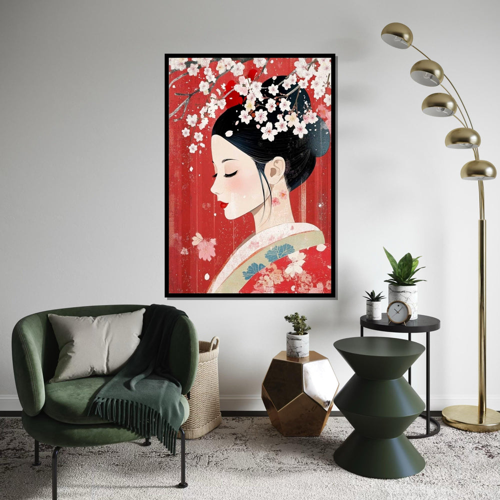 Elegant Geisha Profile with Cherry Blossoms Canvas Art Print –Modern Japanese Floral Wall Decor for Home,Office, Spa, Feminine Oriental Gift