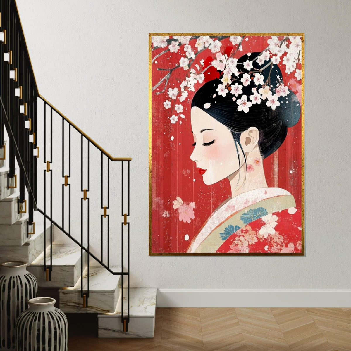 Elegant Geisha Profile with Cherry Blossoms Canvas Art Print –Modern Japanese Floral Wall Decor for Home,Office, Spa, Feminine Oriental Gift