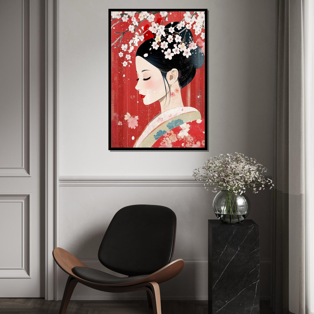 Elegant Geisha Profile with Cherry Blossoms Canvas Art Print –Modern Japanese Floral Wall Decor for Home,Office, Spa, Feminine Oriental Gift