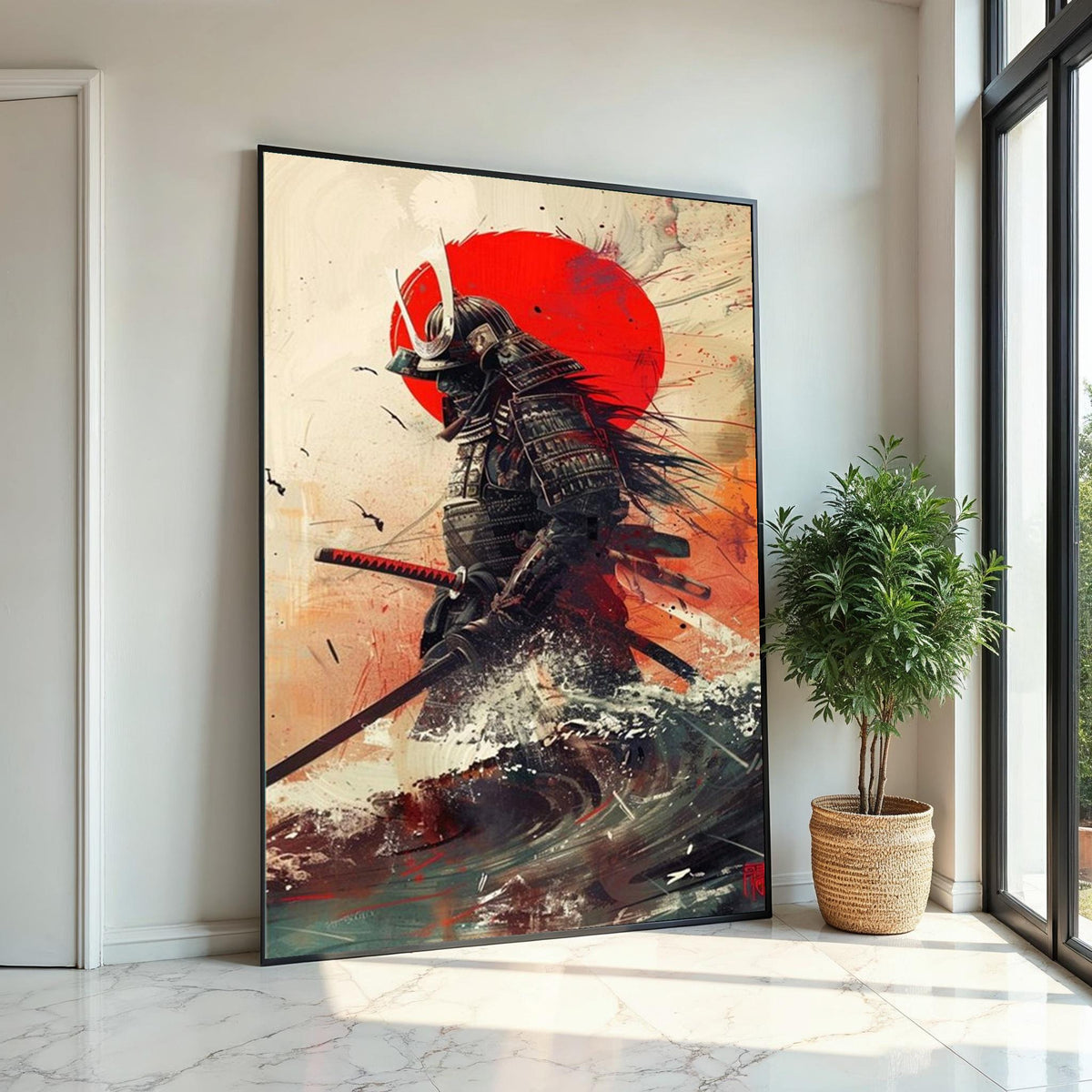 Samurai Warrior with Red Sun Canvas Art Print – Dramatic Japanese Warrior Wall Decor for Home, Office & Man Cave, Modern Oriental Gift