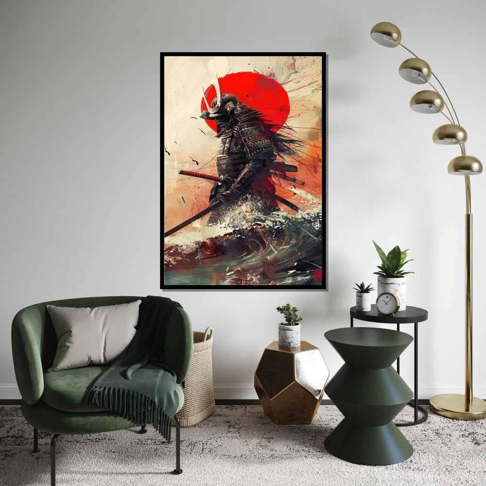 Samurai Warrior with Red Sun Canvas Art Print – Dramatic Japanese Warrior Wall Decor for Home, Office & Man Cave, Modern Oriental Gift