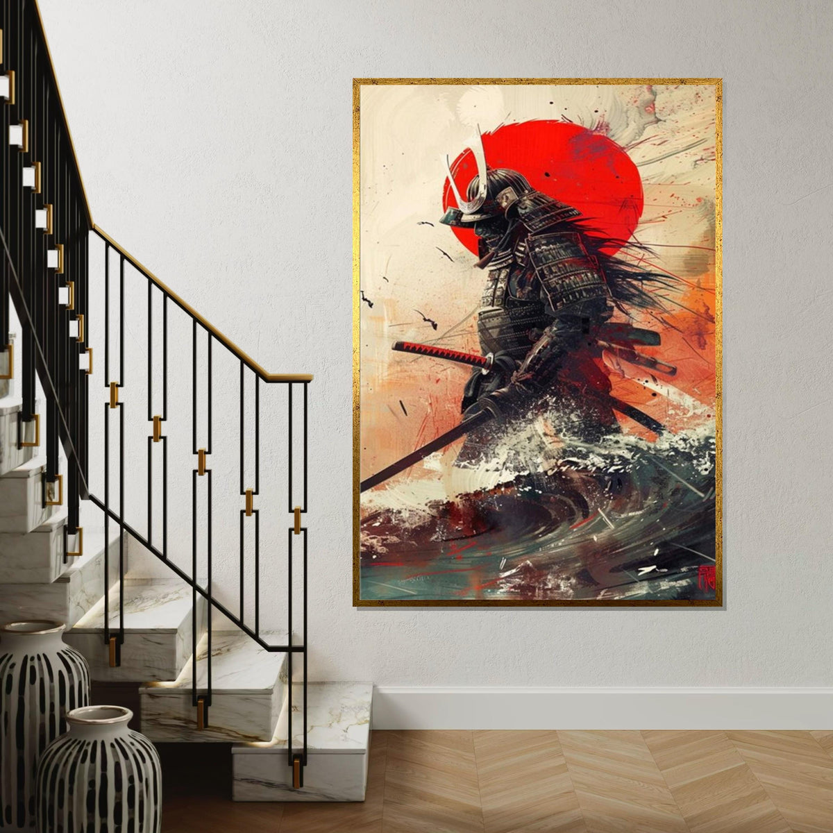 Samurai Warrior with Red Sun Canvas Art Print – Dramatic Japanese Warrior Wall Decor for Home, Office & Man Cave, Modern Oriental Gift