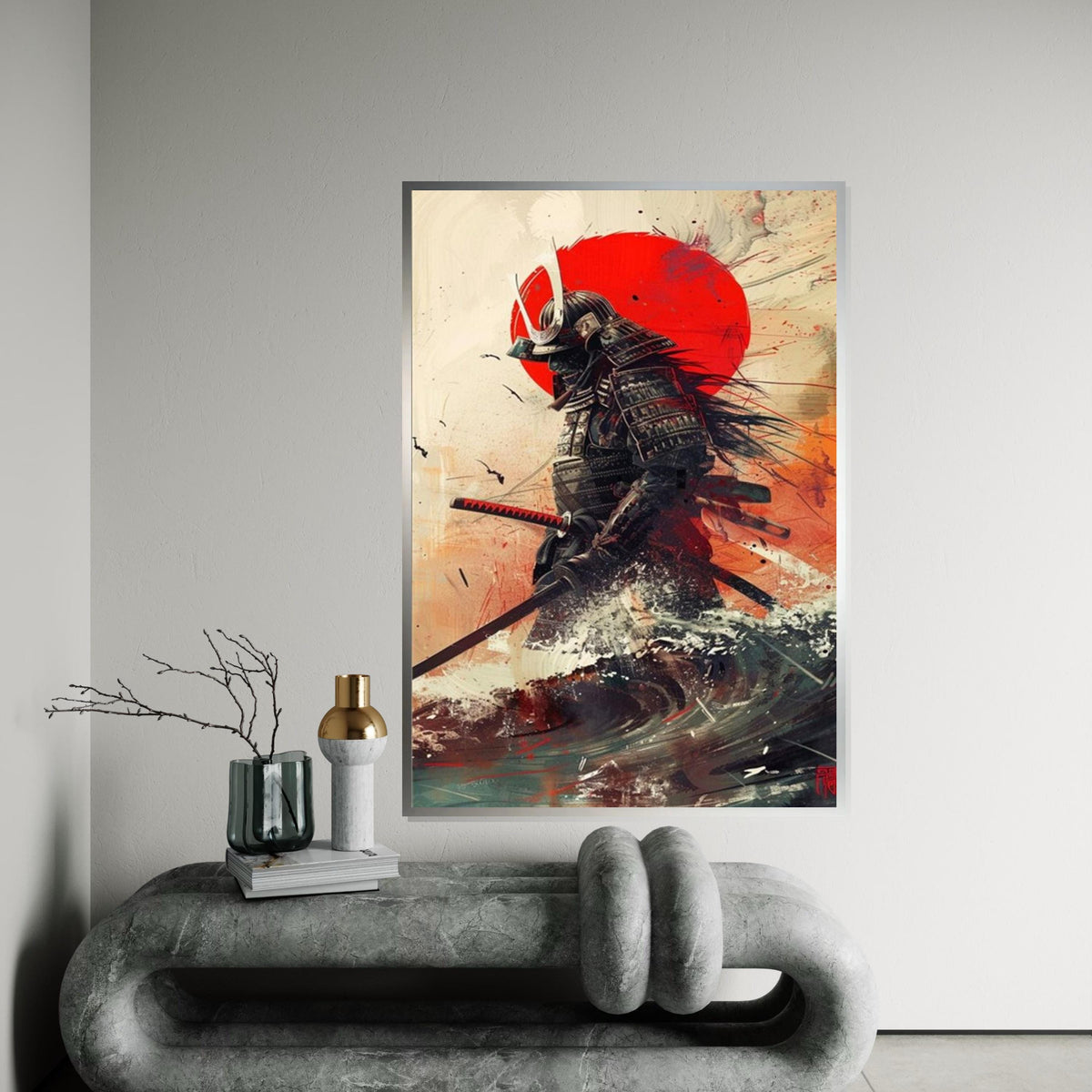 Samurai Warrior with Red Sun Canvas Art Print – Dramatic Japanese Warrior Wall Decor for Home, Office & Man Cave, Modern Oriental Gift