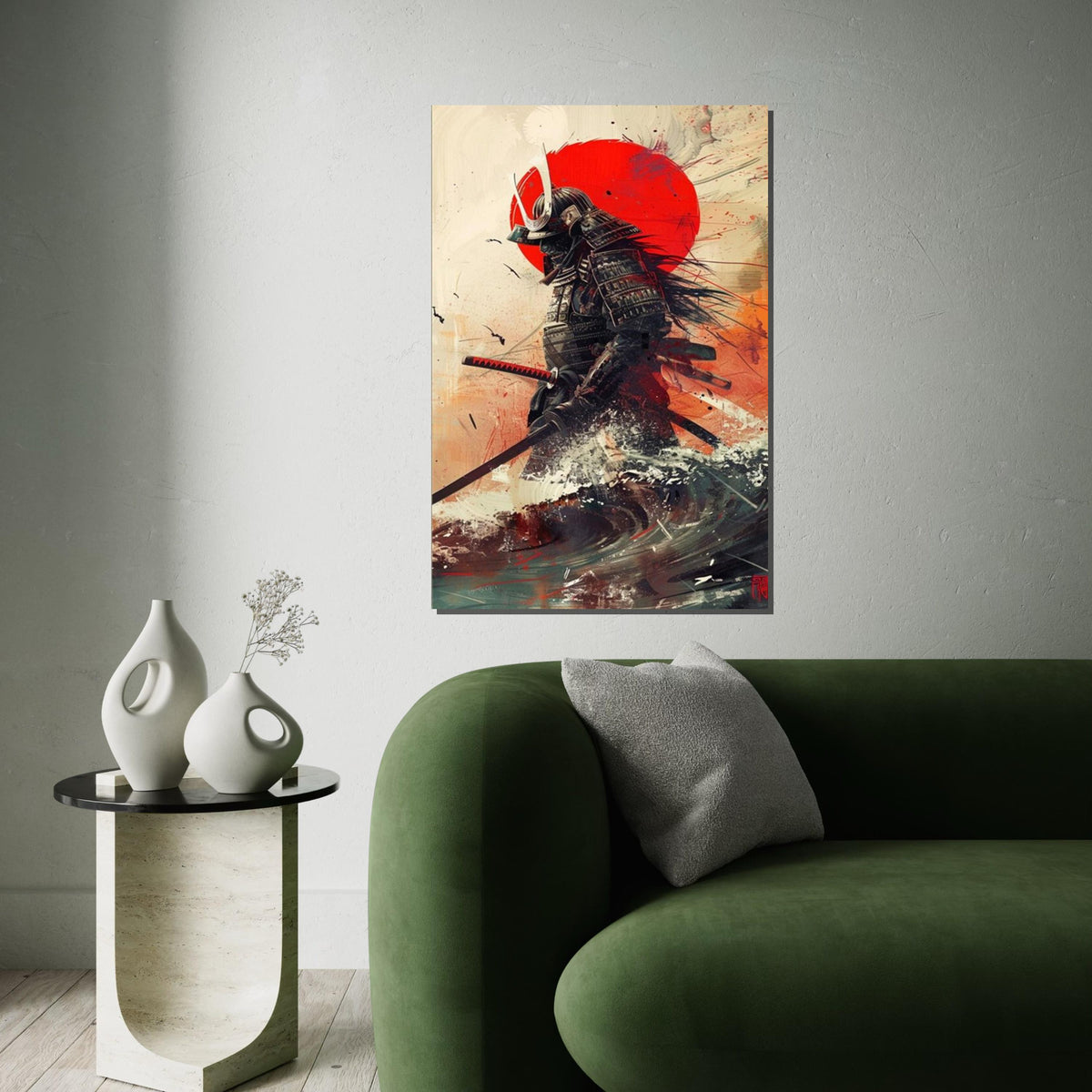 Samurai Warrior with Red Sun Canvas Art Print – Dramatic Japanese Warrior Wall Decor for Home, Office & Man Cave, Modern Oriental Gift