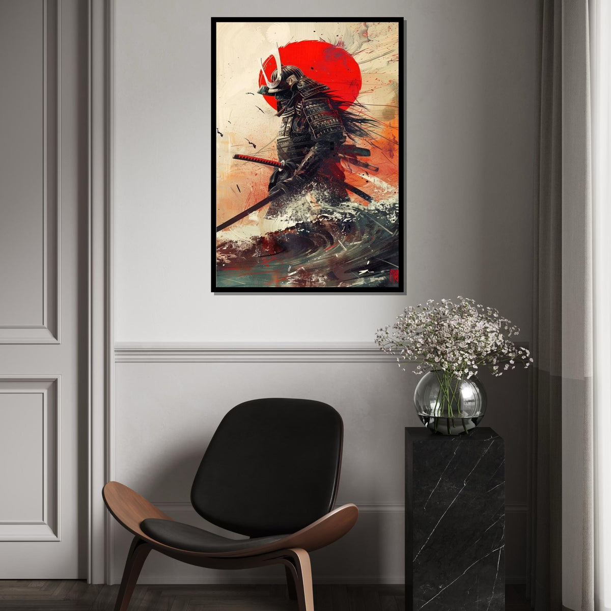 Samurai Warrior with Red Sun Canvas Art Print – Dramatic Japanese Warrior Wall Decor for Home, Office & Man Cave, Modern Oriental Gift