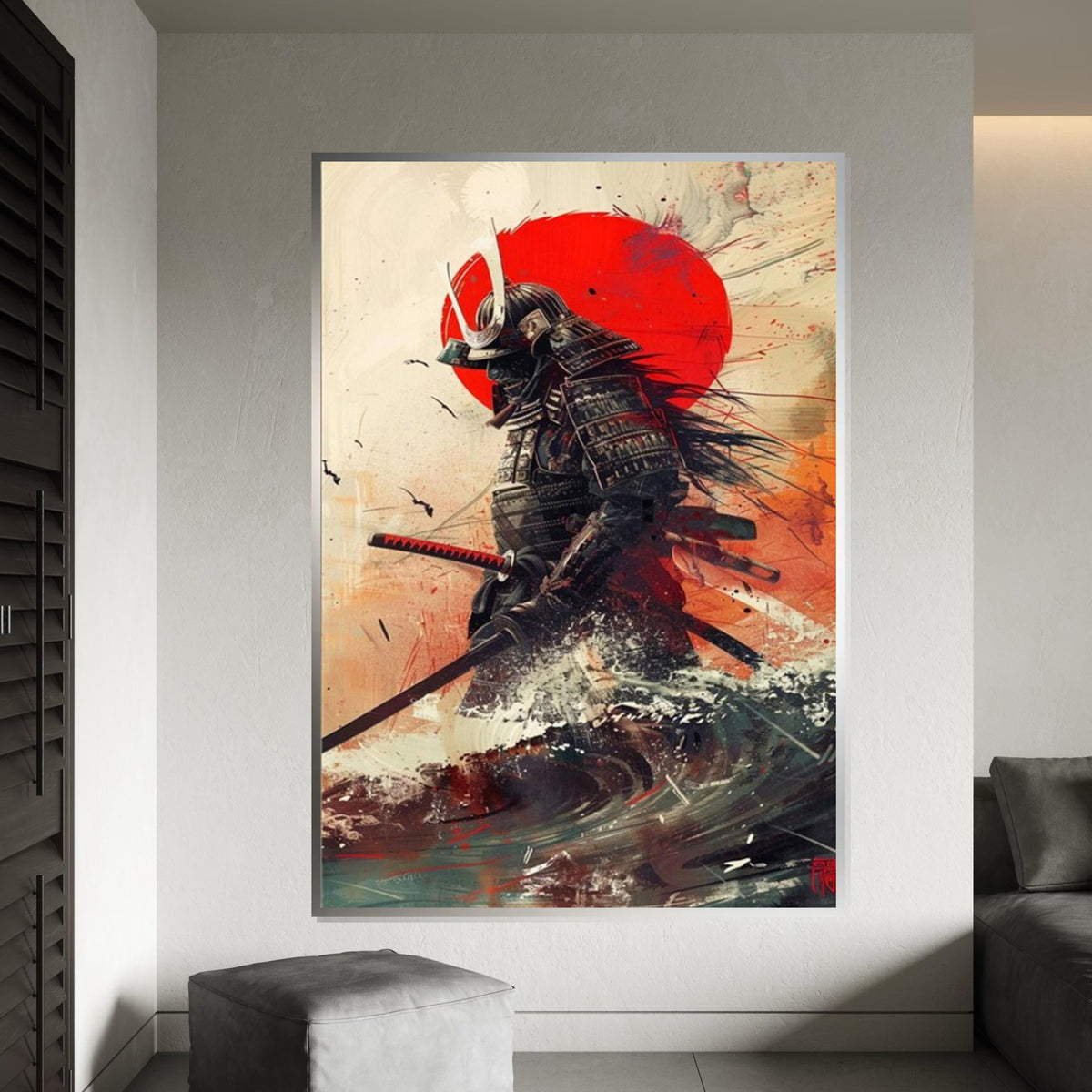 Samurai Warrior with Red Sun Canvas Art Print – Dramatic Japanese Warrior Wall Decor for Home, Office & Man Cave, Modern Oriental Gift