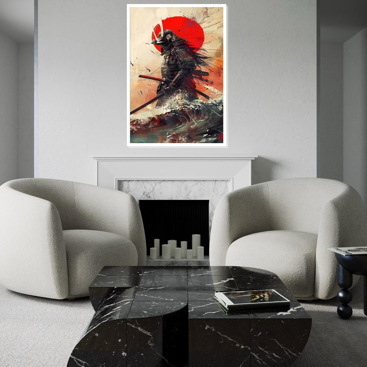 Samurai Warrior with Red Sun Canvas Art Print – Dramatic Japanese Warrior Wall Decor for Home, Office & Man Cave, Modern Oriental Gift