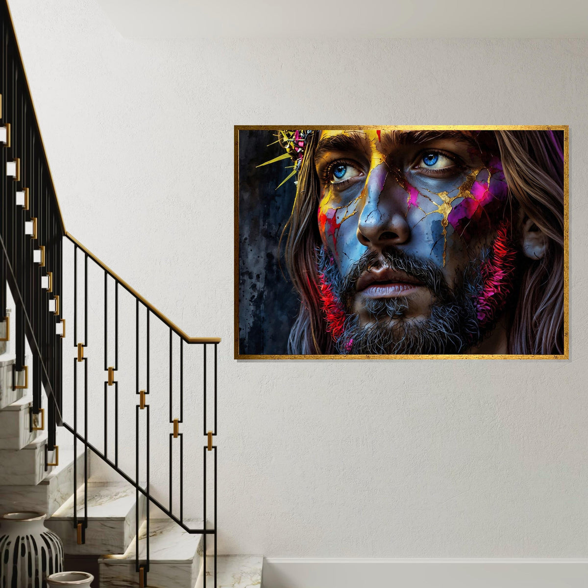 Modern Abstract Jesus Canvas Art Print – Vibrant Colorful Christ Portrait Wall Decor for Living Room, Church, Office & Spiritual Spaces