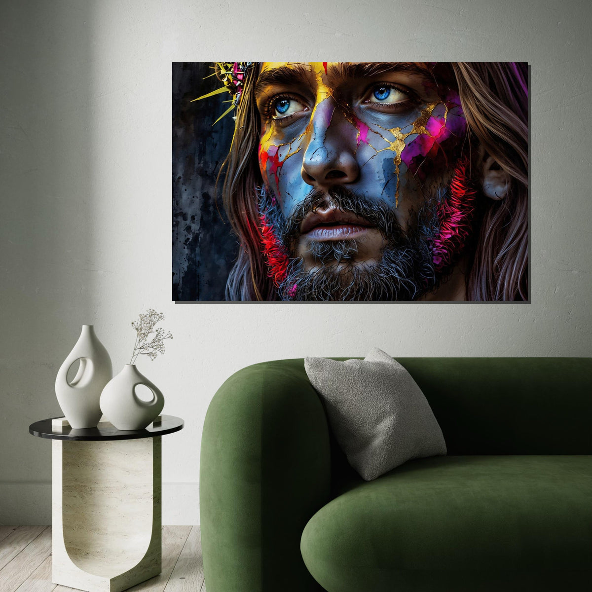 Modern Abstract Jesus Canvas Art Print – Vibrant Colorful Christ Portrait Wall Decor for Living Room, Church, Office & Spiritual Spaces