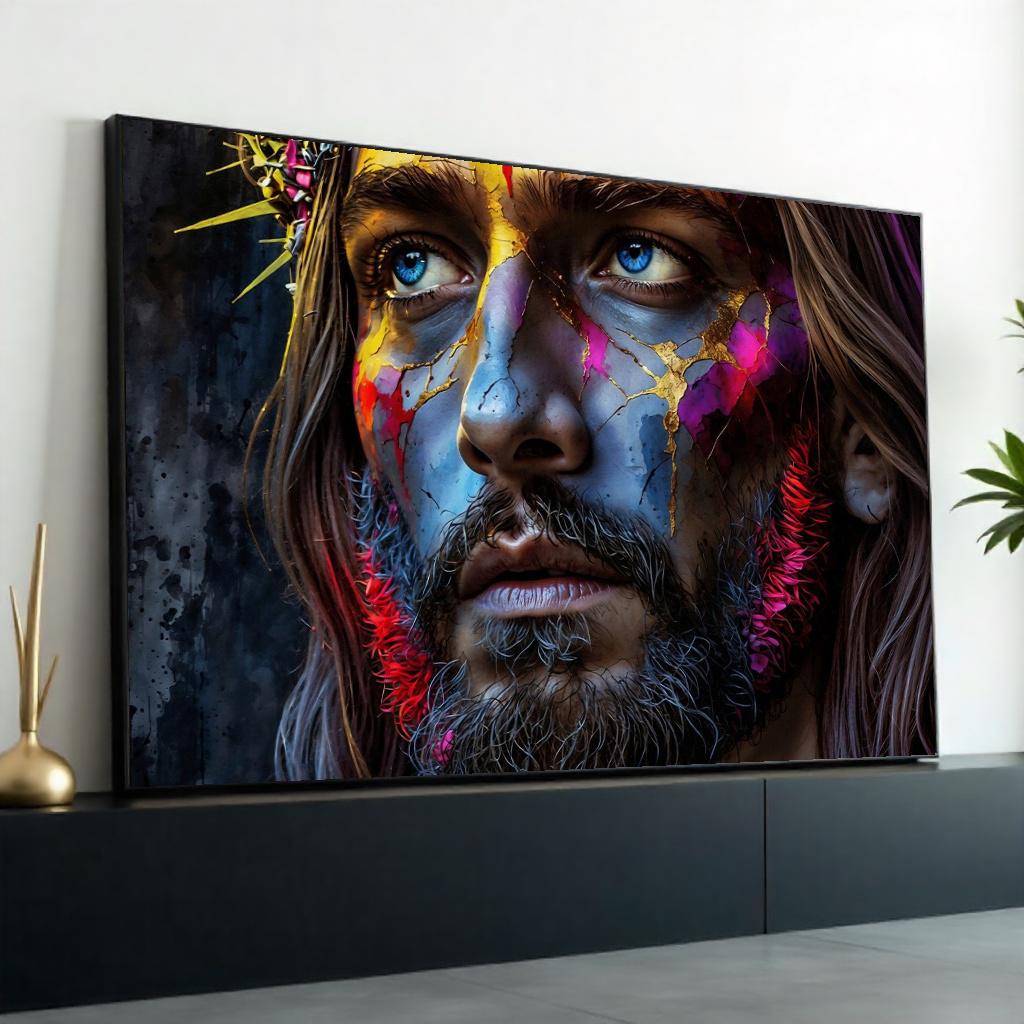 Modern Abstract Jesus Canvas Art Print – Vibrant Colorful Christ Portrait Wall Decor for Living Room, Church, Office & Spiritual Spaces