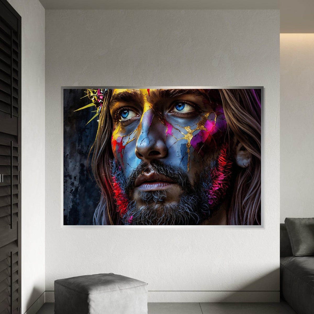 Modern Abstract Jesus Canvas Art Print – Vibrant Colorful Christ Portrait Wall Decor for Living Room, Church, Office & Spiritual Spaces