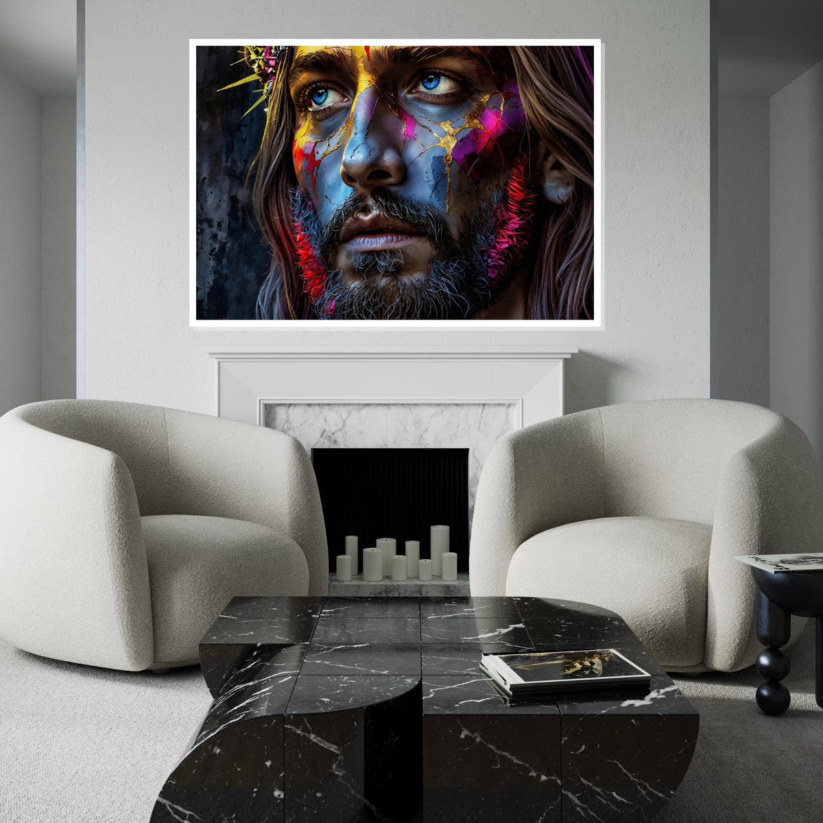 Modern Abstract Jesus Canvas Art Print – Vibrant Colorful Christ Portrait Wall Decor for Living Room, Church, Office & Spiritual Spaces