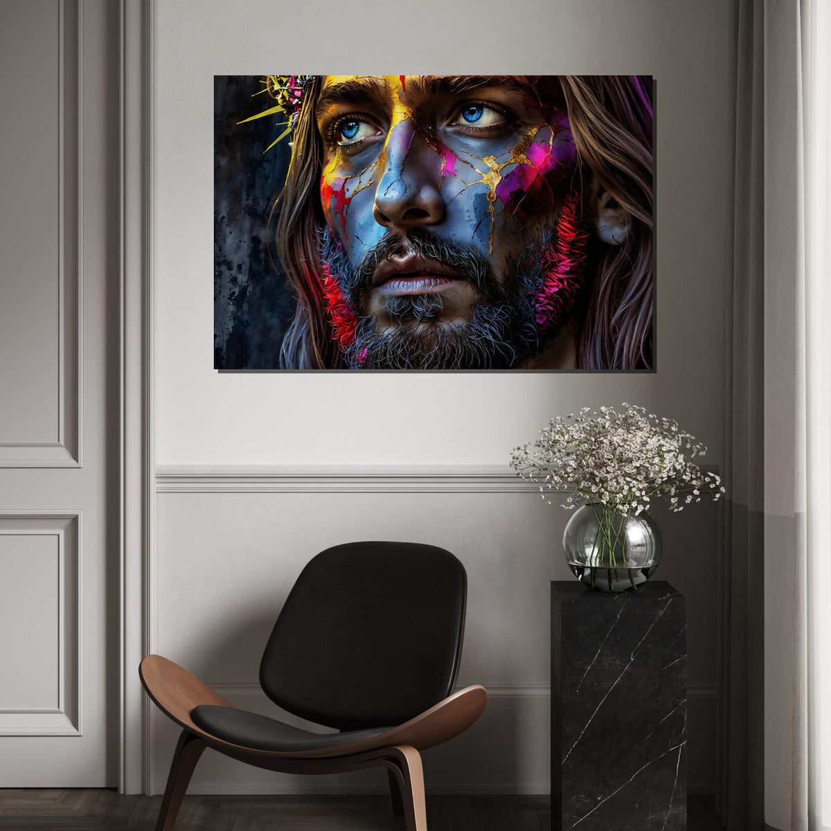 Modern Abstract Jesus Canvas Art Print – Vibrant Colorful Christ Portrait Wall Decor for Living Room, Church, Office & Spiritual Spaces