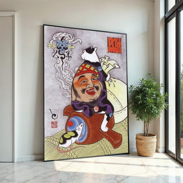 Whimsical Japanese Cat, Ebisu God Canvas Art Print – Lucky Cat Sitting on Smiling God Wall Decor for Home, Office, Animal Lover Gift