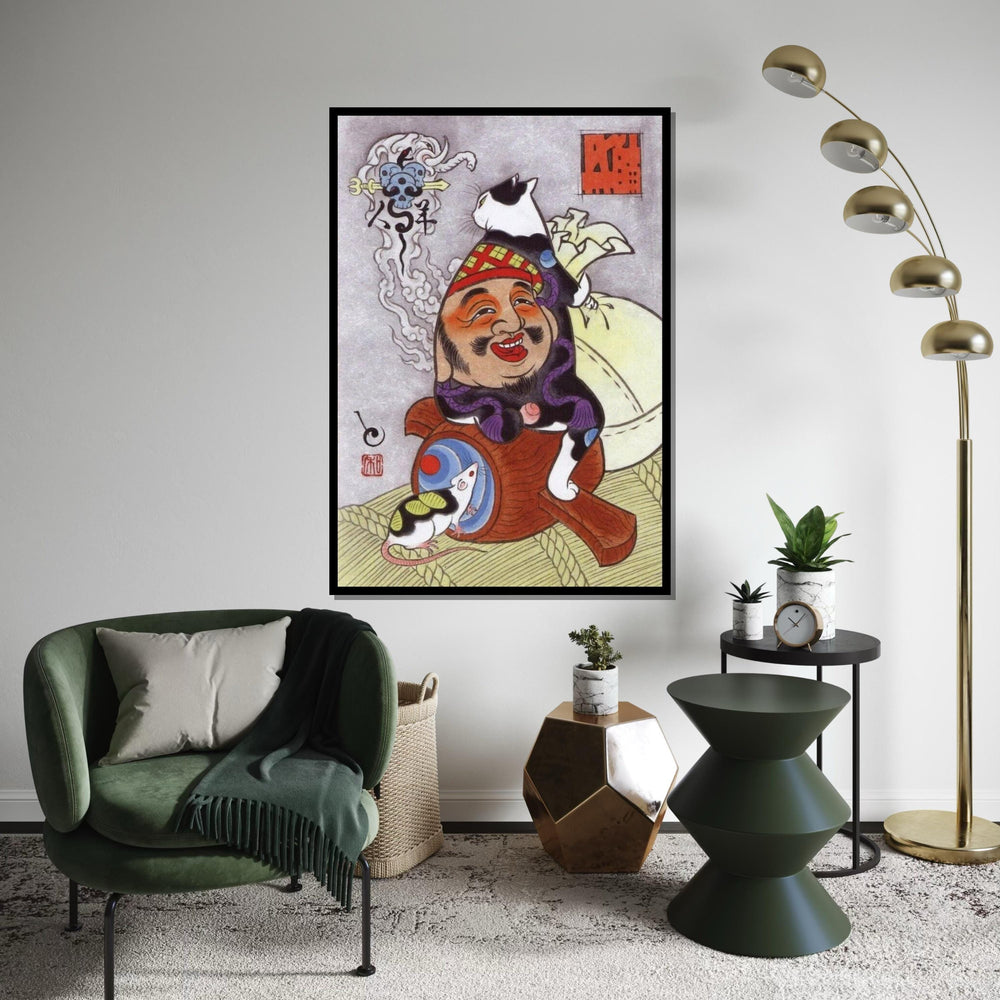 Whimsical Japanese Cat, Ebisu God Canvas Art Print – Lucky Cat Sitting on Smiling God Wall Decor for Home, Office, Animal Lover Gift