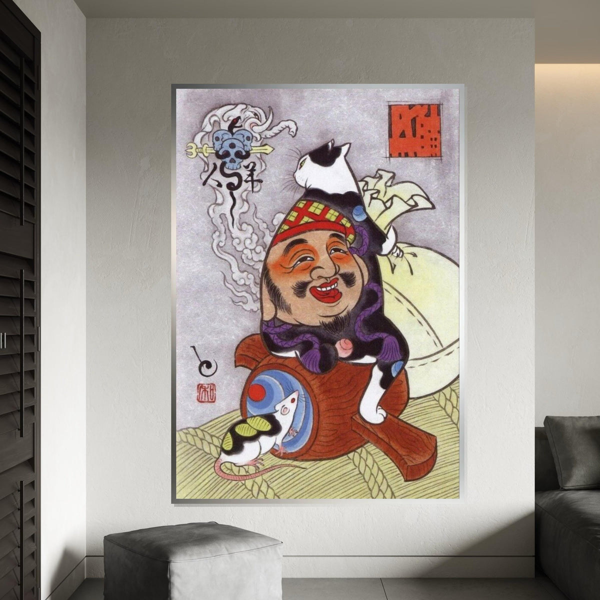 Whimsical Japanese Cat, Ebisu God Canvas Art Print – Lucky Cat Sitting on Smiling God Wall Decor for Home, Office, Animal Lover Gift