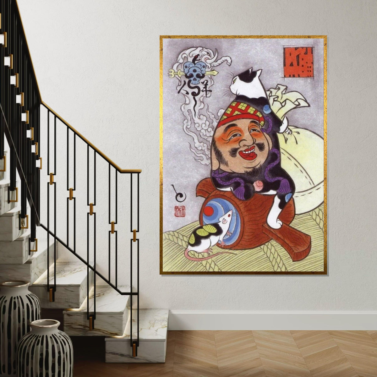Whimsical Japanese Cat, Ebisu God Canvas Art Print – Lucky Cat Sitting on Smiling God Wall Decor for Home, Office, Animal Lover Gift