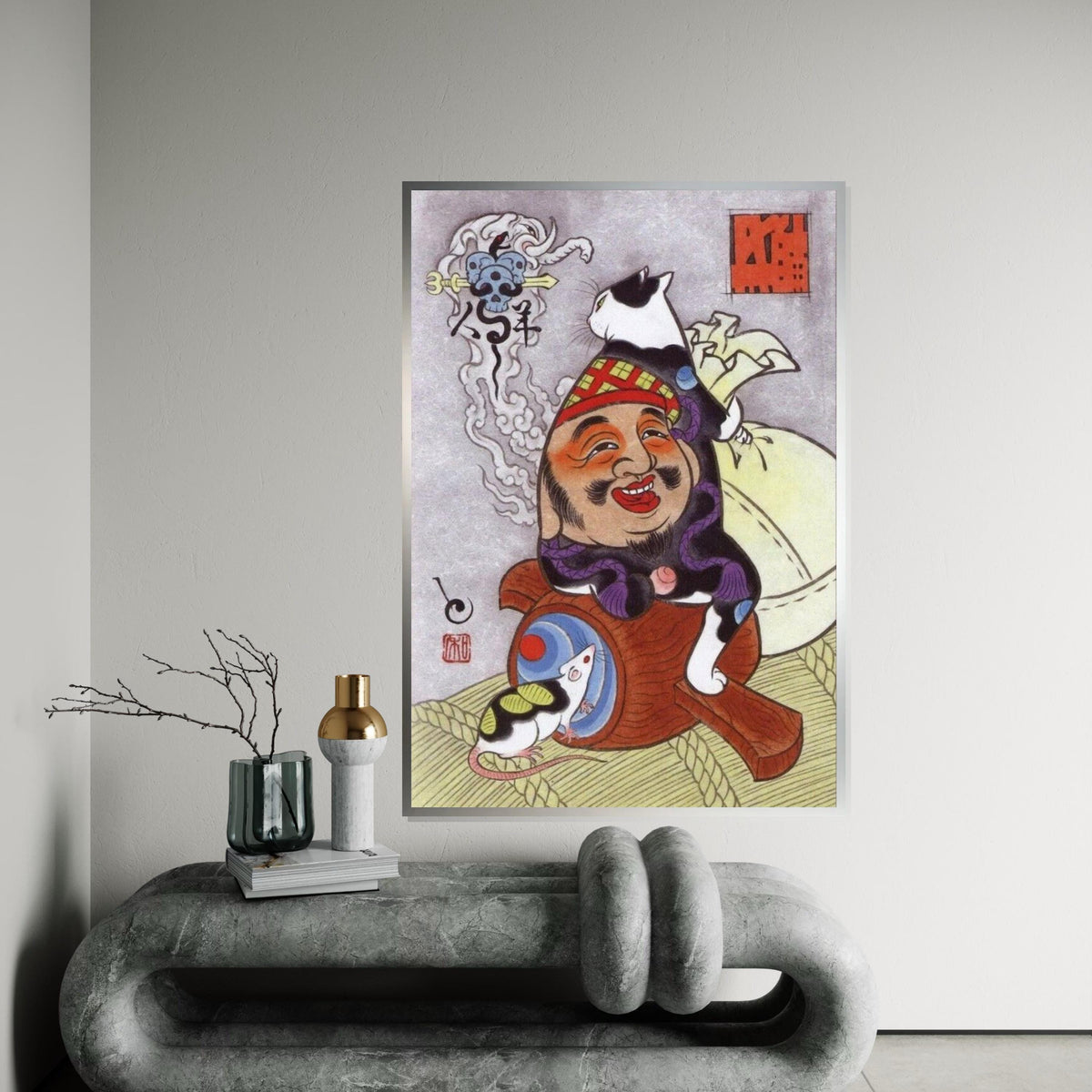 Whimsical Japanese Cat, Ebisu God Canvas Art Print – Lucky Cat Sitting on Smiling God Wall Decor for Home, Office, Animal Lover Gift