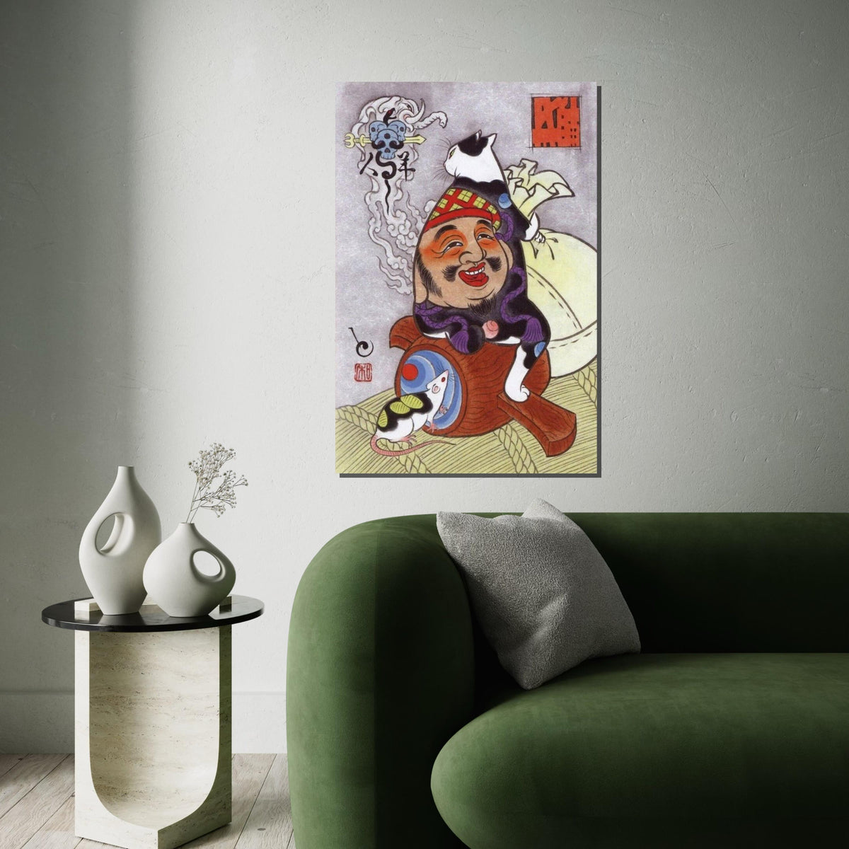Whimsical Japanese Cat, Ebisu God Canvas Art Print – Lucky Cat Sitting on Smiling God Wall Decor for Home, Office, Animal Lover Gift