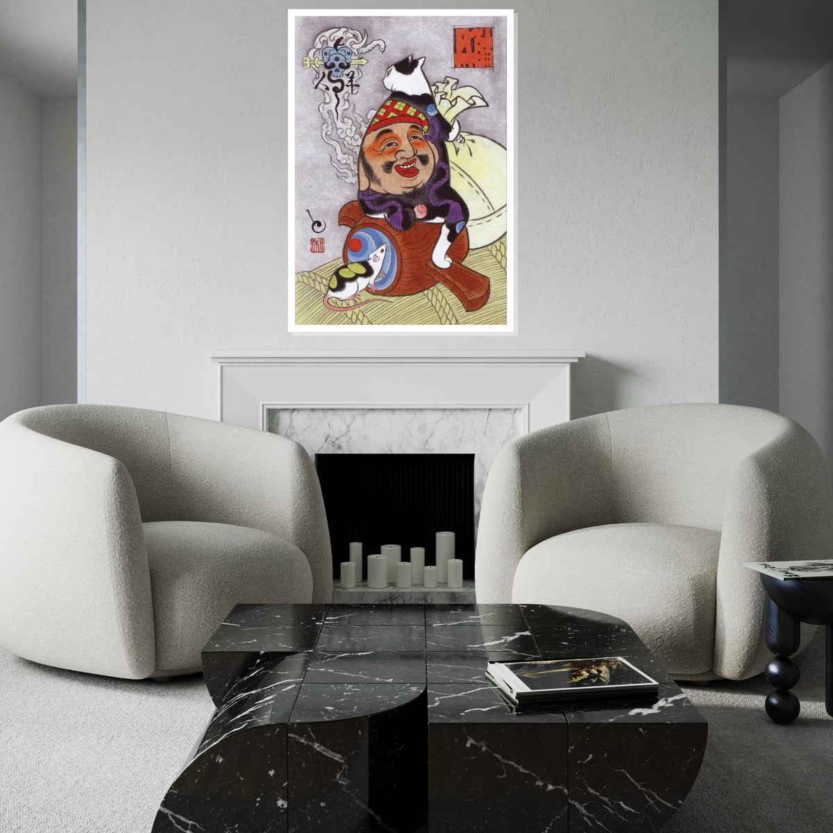 Whimsical Japanese Cat, Ebisu God Canvas Art Print – Lucky Cat Sitting on Smiling God Wall Decor for Home, Office, Animal Lover Gift