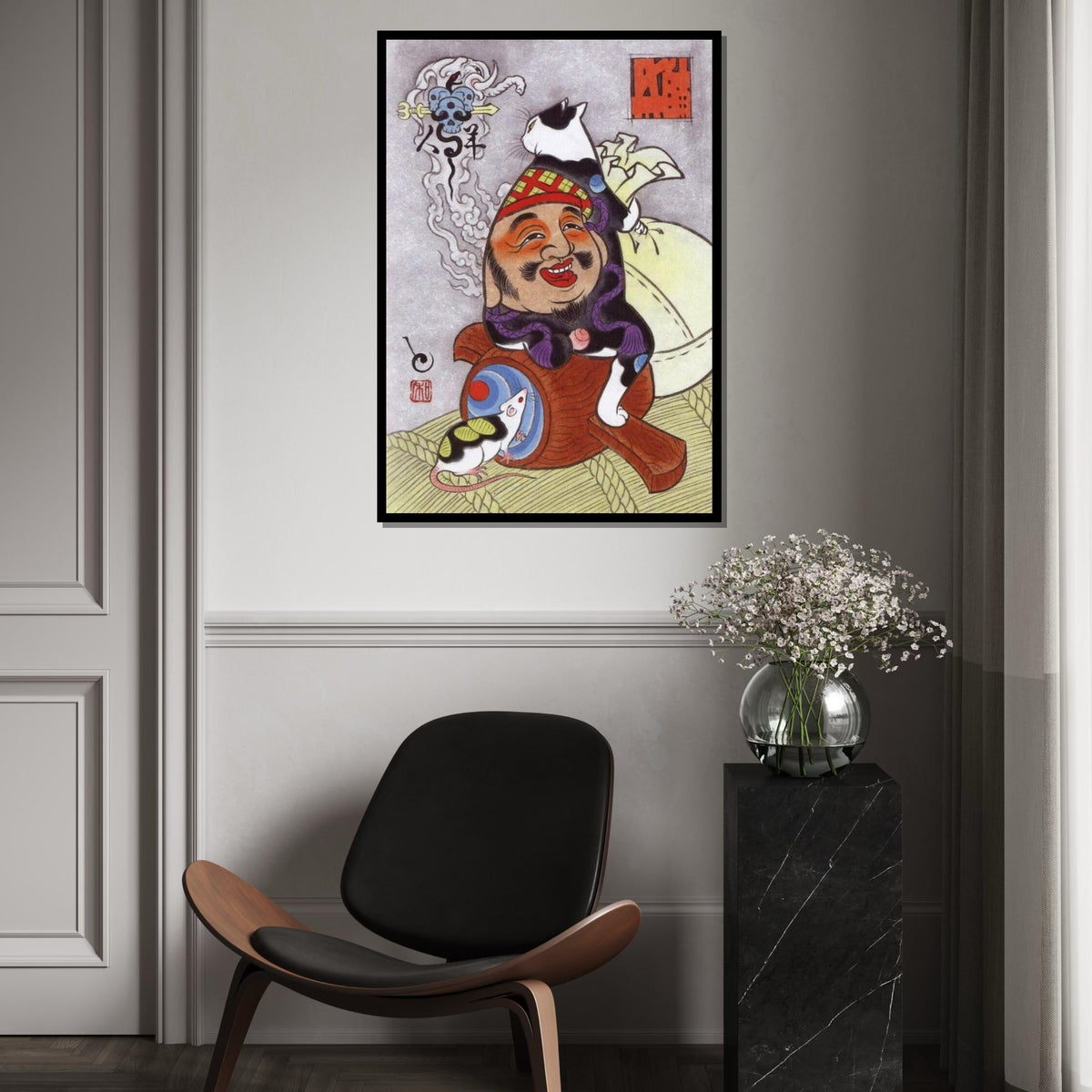 Whimsical Japanese Cat, Ebisu God Canvas Art Print – Lucky Cat Sitting on Smiling God Wall Decor for Home, Office, Animal Lover Gift