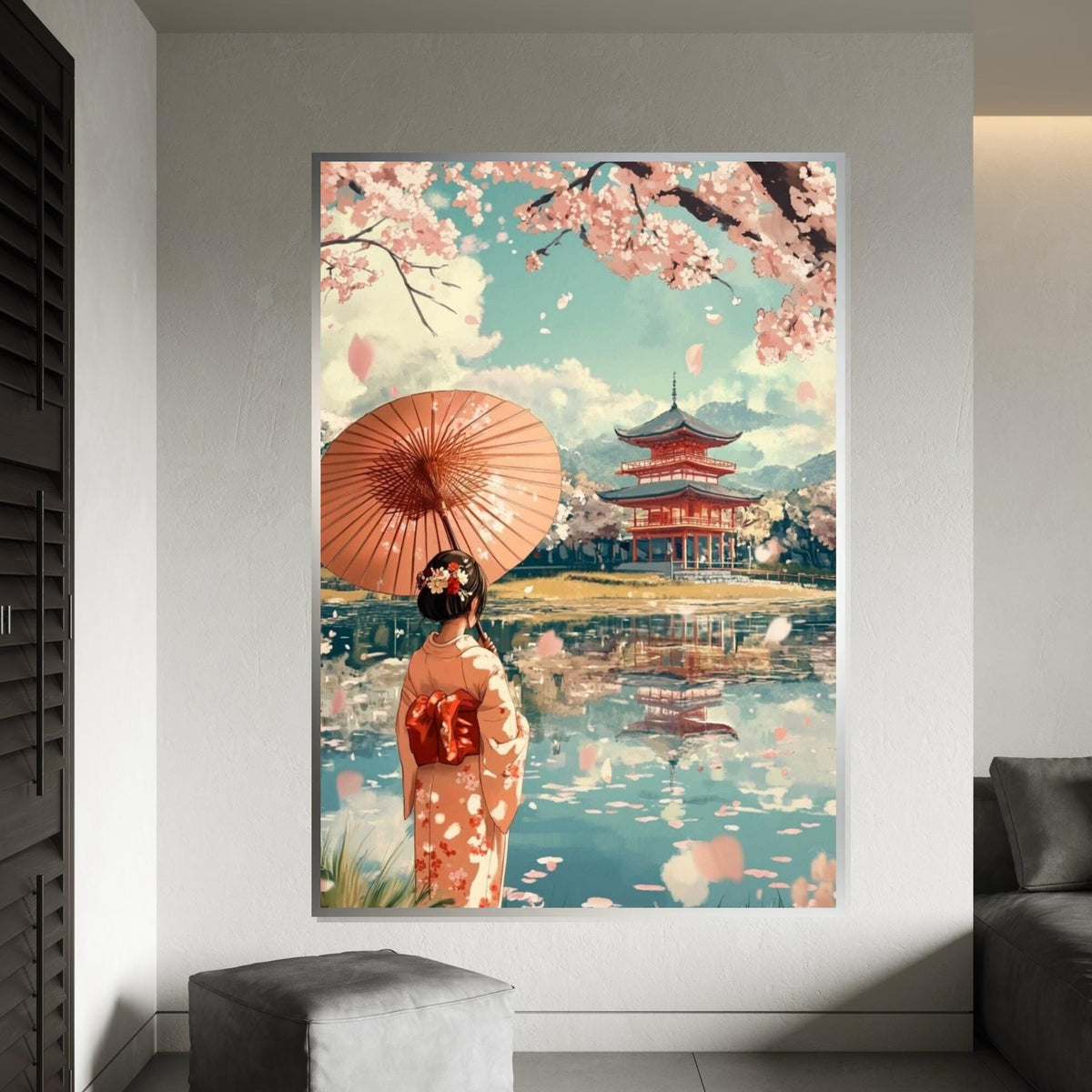 Cherry Blossom Pagoda, Geisha with Umbrella Canvas Art Print – Japanese Cherry Tree Temple Wall Decor for Living Room, Bedroom, Zen Spaces