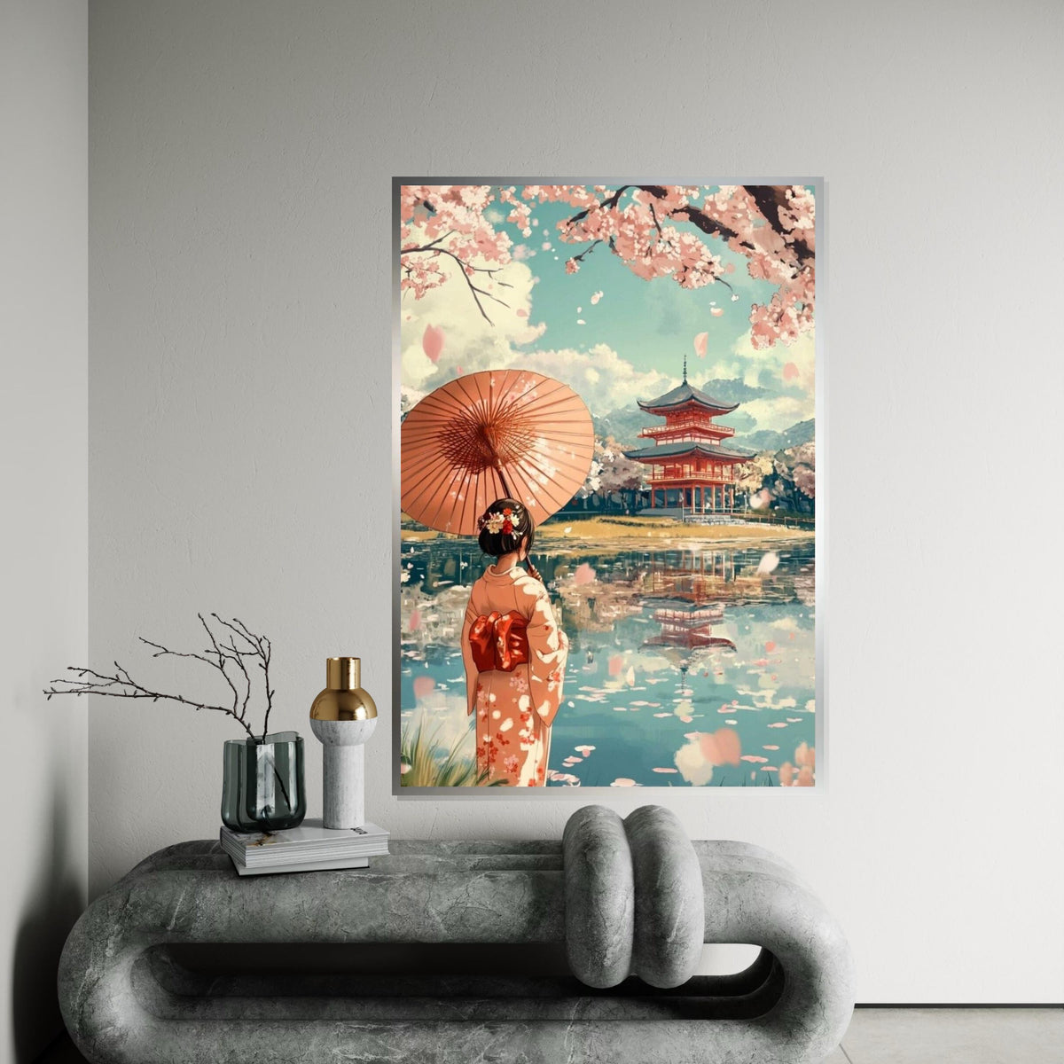 Cherry Blossom Pagoda, Geisha with Umbrella Canvas Art Print – Japanese Cherry Tree Temple Wall Decor for Living Room, Bedroom, Zen Spaces