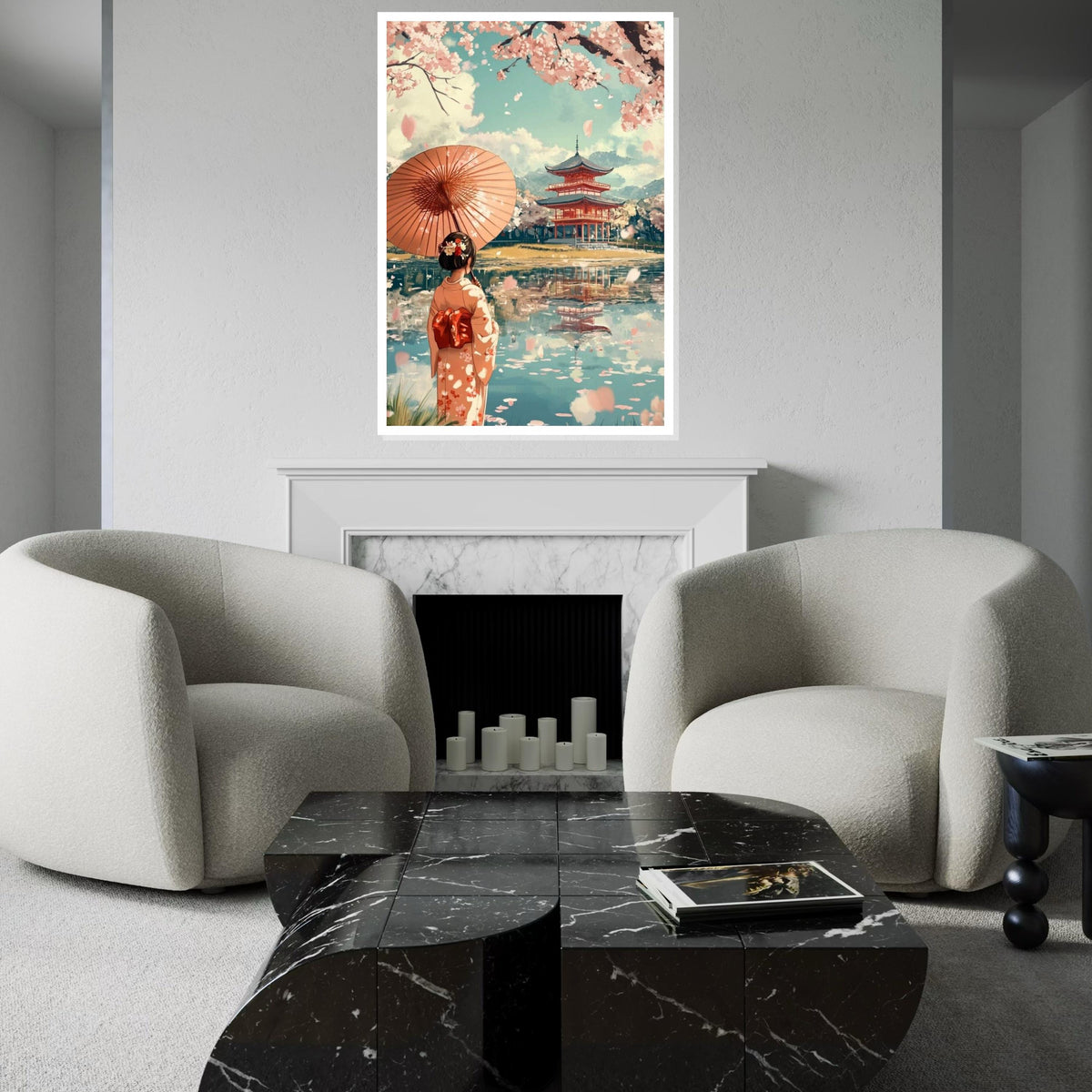 Cherry Blossom Pagoda, Geisha with Umbrella Canvas Art Print – Japanese Cherry Tree Temple Wall Decor for Living Room, Bedroom, Zen Spaces