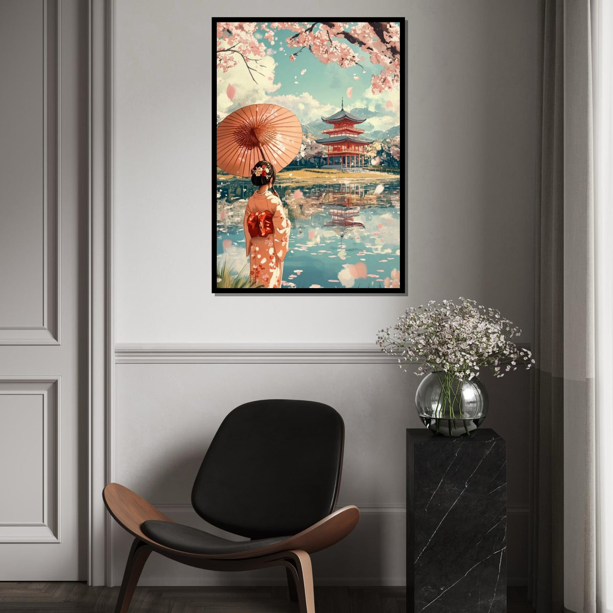 Cherry Blossom Pagoda, Geisha with Umbrella Canvas Art Print – Japanese Cherry Tree Temple Wall Decor for Living Room, Bedroom, Zen Spaces