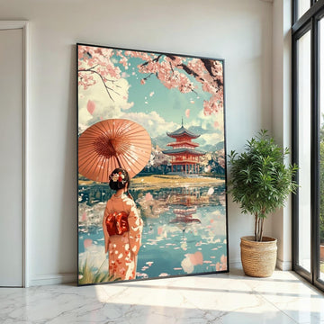 Cherry Blossom Pagoda, Geisha with Umbrella Canvas Art Print – Japanese Cherry Tree Temple Wall Decor for Living Room, Bedroom, Zen Spaces