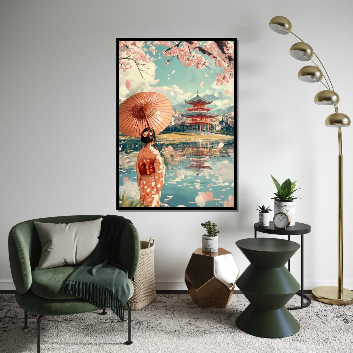 Cherry Blossom Pagoda, Geisha with Umbrella Canvas Art Print – Japanese Cherry Tree Temple Wall Decor for Living Room, Bedroom, Zen Spaces