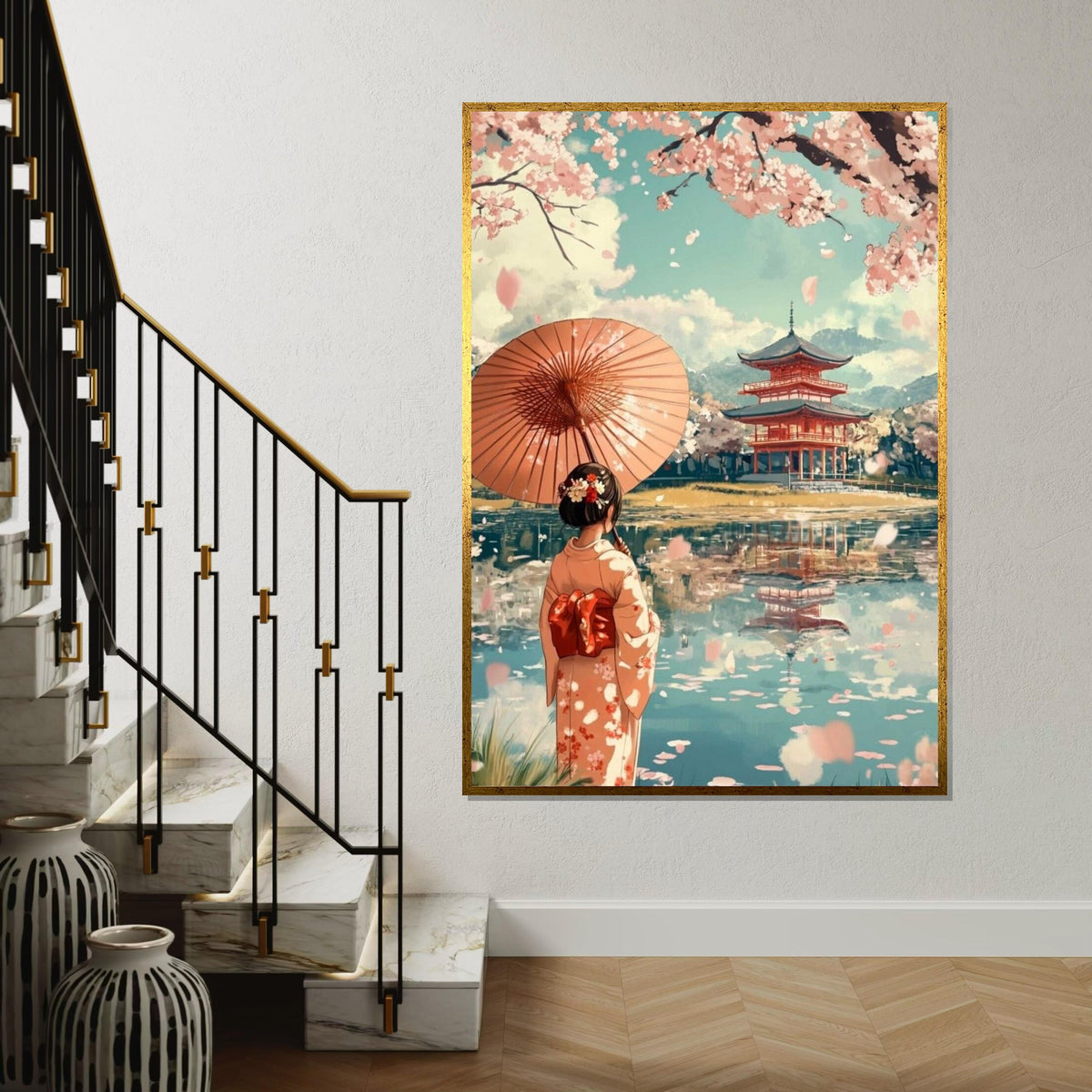 Cherry Blossom Pagoda, Geisha with Umbrella Canvas Art Print – Japanese Cherry Tree Temple Wall Decor for Living Room, Bedroom, Zen Spaces