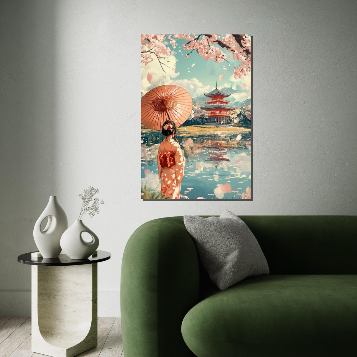 Cherry Blossom Pagoda, Geisha with Umbrella Canvas Art Print – Japanese Cherry Tree Temple Wall Decor for Living Room, Bedroom, Zen Spaces