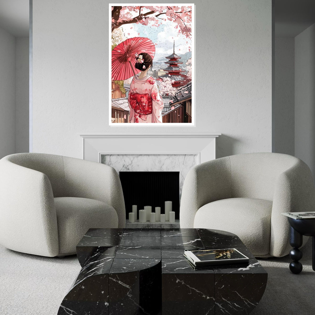 Cherry Blossom Geisha Canvas Print – Serene Japanese Kimono Girl,Temple Wall Art for Living Room, Bedroom, Zen Home Decor