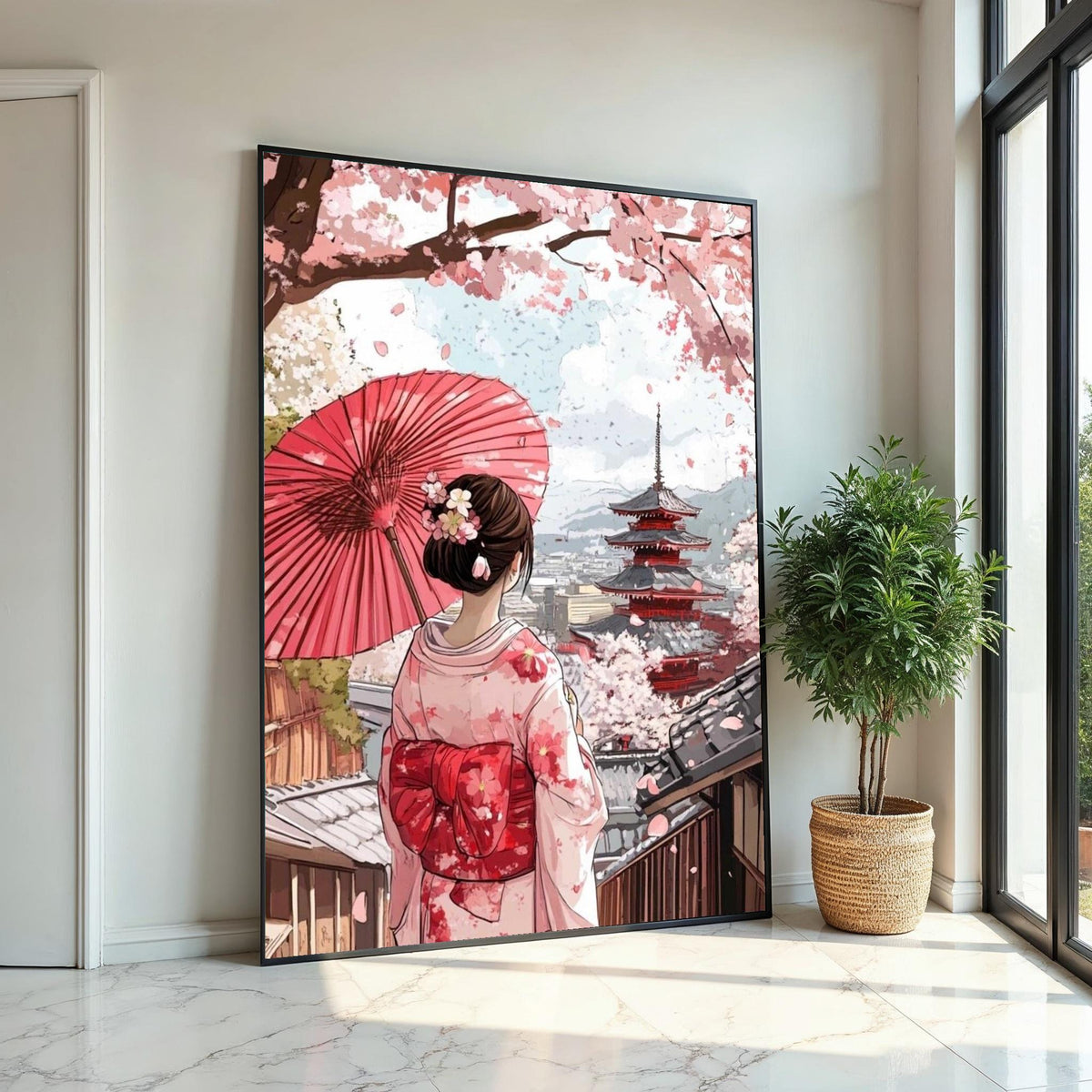 Cherry Blossom Geisha Canvas Print – Serene Japanese Kimono Girl,Temple Wall Art for Living Room, Bedroom, Zen Home Decor