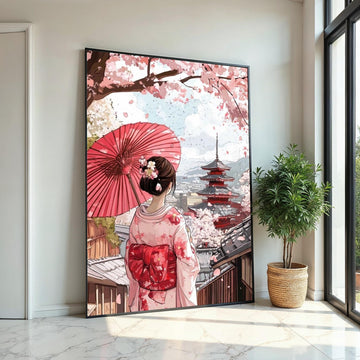 Cherry Blossom Geisha Canvas Print – Serene Japanese Kimono Girl,Temple Wall Art for Living Room, Bedroom, Zen Home Decor