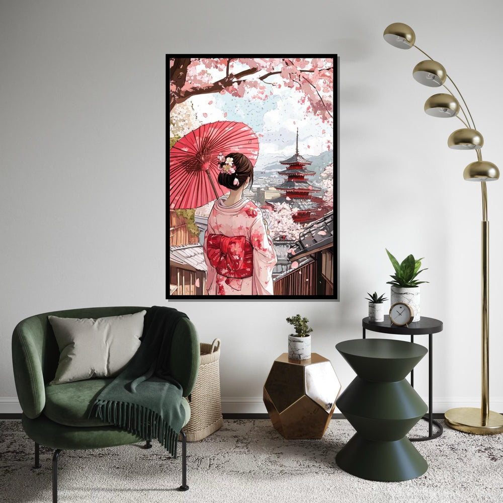 Cherry Blossom Geisha Canvas Print – Serene Japanese Kimono Girl,Temple Wall Art for Living Room, Bedroom, Zen Home Decor