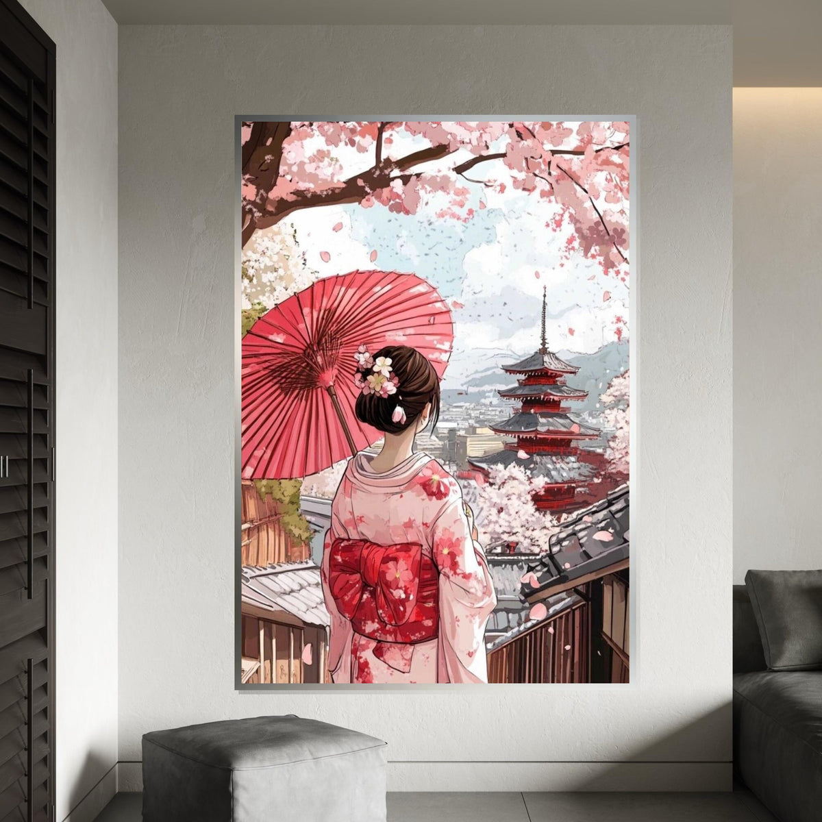 Cherry Blossom Geisha Canvas Print – Serene Japanese Kimono Girl,Temple Wall Art for Living Room, Bedroom, Zen Home Decor