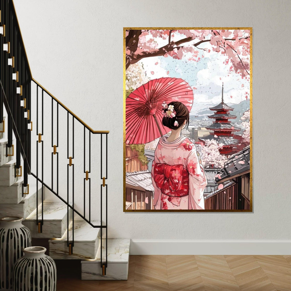 Cherry Blossom Geisha Canvas Print – Serene Japanese Kimono Girl,Temple Wall Art for Living Room, Bedroom, Zen Home Decor