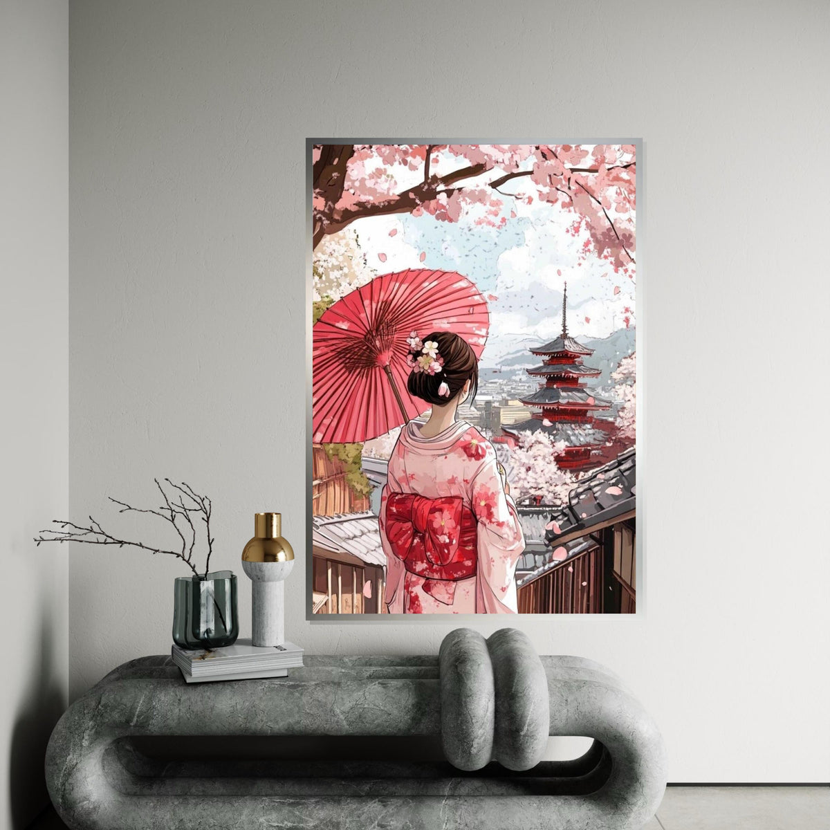 Cherry Blossom Geisha Canvas Print – Serene Japanese Kimono Girl,Temple Wall Art for Living Room, Bedroom, Zen Home Decor